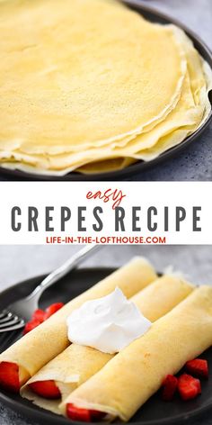 crepes on a plate with strawberries and whipped cream