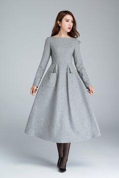 light grey wool dress with two big side pockets, winter dress, designers dress, handmade dress, long dress, womens dresses 1620 Light Grey Dress, Tailored Clothes, Dress Gift, Handmade Dresses, Wool Dress, Latest Fashion For Women, Gray Dress