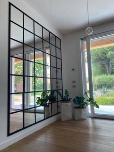 a large mirror sitting on the side of a wall next to a plant filled vase