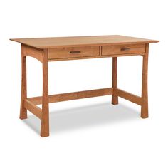 a wooden desk with two drawers on one side and an open drawer on the other