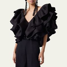 Carolina Herrera folded ruffle top V neckline; self-tie back closure Short sleeves Cropped length Relaxed fit Silk Dry clean Made in USA Silk Crop Top, Ruffled Blouse, Ruffle Long Sleeve, Neck Ruffle, V Neckline, Ruffle Top, Carolina Herrera, Silk Chiffon, Black Crop Tops