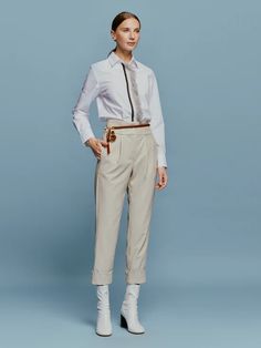 Moad Pant Cream – Silvia Tcherassi US Straight Pants With Belted Cuffs, Fall Cargo Pants With Cuffed Ankles, Cuffed Ankle Workwear Pants For Fall, Concealed Placket Pants For Office, Fall Workwear Pants With Cuffed Ankles, Office Pants With Belted Cuffs For Fall, Office High-waisted Pants With Button Cuffs, Straight Work Pants With Zipper Closure, Fall Workwear Pants With Belted Cuffs