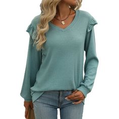 Women Long Sleeve T Shirts Fall V Neck Ruffle Sleeve Tunic Tops for Fall and Winter SHIBEVER Long Sleeve T Shirt Has Comfortable Materials and Ruffle Sleeve, It Can Dressy Perfect All-Purpose Style Clothing for Your Wardrobe. Shibever Fall Long Sleeves Top is Lightweight And Has A Comfortable Fabric That is Comfortable And Wram in Cold Weather. This T Shirt or Top is Specially Designed for You Who Enjoy the Daily Life. Product Details Women Fall T Shirts V Neck Long Sleeve Tunic Tops Clothing fo Fall V-neck Ruffled Tops, Solid Color Crew Neck Top With Ruffles, Solid Color Ruffle Sleeve Tops For Spring, Spring Ruffle Sleeve Tops In Solid Color, Fall Cotton T-shirt With Ruffles, Casual Solid Color Top With Ruffle Sleeves, Casual Solid Color Tops With Ruffle Sleeves, Casual Ruffled T-shirt For Fall, Fall Ruffled V-neck Tops