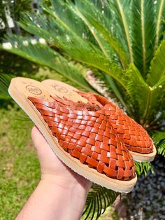 COLOR: BRICKUPPER: LEATHERSOLE: CREPE Handmade huaraches from Michoacán, Mexico. Made with 100% leather. SIZING *Please refer to sizing chart*If you wear a half-size shoe we recommend sizing down (ex: Your shoe size is 7.5, size down to size 7)If you have a wide foot, For example, your shoe size is 7.5 then size up for a more comfortable fit. Leather stretches and will mold after a few uses*Please advise since all of our huaraches are handmade with genuine leather minor wrinkles and markings mig Natural Color Casual Huarache Sandals With Stitched Sole, Natural Huarache Sandals With Stitched Sole, Natural Casual Huarache Sandals With Stitched Sole, Casual Natural Huarache Sandals With Stitched Sole, Brown Woven Leather Huarache Sandals, Brown Closed Toe Huarache Sandals With Leather Footbed, Casual Natural Huaraches With Stitched Sole, Casual Natural Color Slip-on Huaraches, Casual Summer Huaraches Fair Trade