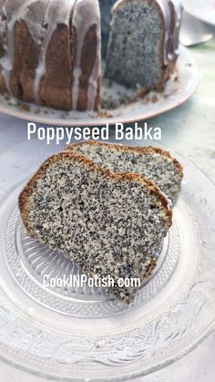 two slices of poppy seed babka on plates with one slice cut from the cake