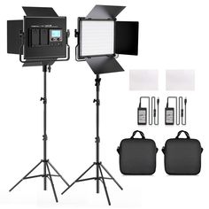 three light stands with two bags and one bag