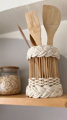 wooden utensils in a woven basket on a shelf