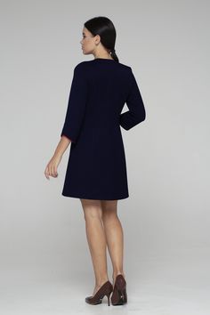 "A balzer dress featuring collared neckline, a-line silhouette, and a mini length. - asymmetrical collared v-neckline - a-silhouette - above the knee (mini) length - 3/4 sleeves - red edge - fully lined Color: dark blue Snap closure Main fabric: 45% viscose, 5% , 50% polyester Lining fabric: 95% viscose, 5% elastane For size S: dress length- 36 \" (93 cm) Our model wears size S (US 8) and is 171cm/5'6\" tall. You may feel free choosing the size. Just send us your measurements (bust, waist, hips, Blazer Dress Women, Blue Blazer Dress, Uniform Dress, Dress With Sleeves, Mini Blue, Dress Jacket, Line Dress, Star Shirt, Blazer Dress