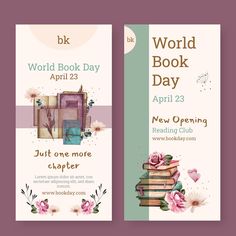 two banners for world book day with books stacked on each other and flowers in the middle