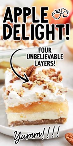 an advertisement for apple delight is displayed on a plate with pecans and apples in the background