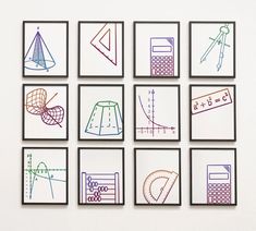 six framed pictures with different colored drawings on the wall above them are graphs, numbers, and geometric shapes