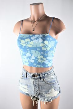 Size: S, Color: Blue Cheap Printed Blue Tank Top, Cheap Printed Crop Top For Beach, Cheap Blue Tops For Vacation, Cotton Crop Top For Beach Season, Cheap Trendy Crop Top For Poolside, Cheap Blue Playful Tops, Cheap Blue Matching Tops, Cheap Blue Tops For Picnic, Cheap Blue Tank Top For Beachwear