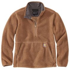 Made to layer, this Carhartt Men's Loose Fit Fleece Pullover is cut with a loose fit for ample room to move. It's crafted in soft fleece for warmth and comfort through work days and outdoor adventures. A drawcord hem can be adjusted to seal out cold air. 9.7 oz. 100% polyester fleece pullover Loose fit makes the jacket easy to move in Quarter-zip front Elastic cuffs for a snug fit Droptail hem gives the jacket more coverage Reinforced lower-front pockets with zipper closure Imported Carhartt bra Big And Tall Fashion For Men, Carhartt Pullover, Big And Tall Style, Work Coat, Western Clothing, Mens Pullover, Fleece Quarter Zip, Mens Workwear, Charity Work