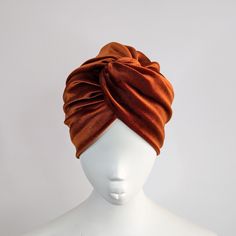 Rust orange velvet twist front turban hat Luxury modern bohemian twist front turban hat. This is made from a soft stretch velvet/velour fabric. The turban is a beautiful rust/orange brown colour. The fabric is luxurious and has a lot of stretch. It has a beautiful ruched detail at the back and it is fully lined in the same fabric for a high quality finish. This is a timeless stylish turban, perfect for autumn and winter, it is suitable for daily wear and evenings out. These are very soft and coz Vintage Turban Style, Desert Turban, 1940s Turban, Luxury Evening Women's Turban, Headwrap Tutorial, Velvet Turban, Velvet Hat, Orange Velvet, Going For Gold