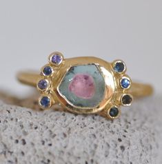 Watermelon Tourmaline RingBlue Sapphire Ring18k Gold | Etsy Tormalean Rings, Colourful Stone Rings, Colored Gem Stone Rings, Gemstone Rings Unique Vintage, Natural Stone Ring Handmade, Tourmaline Jewelry Gold, Ruby Tourmaline Ring, Precious Stones Ring, Watermelon Turmaline Ring