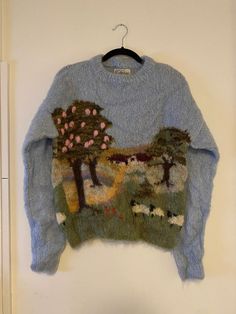 Susie Lee Vintage Mohair Sweater 1980s Country Scene 3 Cottagecore - Etsy Susie Lee Sweater, Vintage Sweaters 90s, Knitted Sweaters Outfit, Funky Sweaters, Mohair Crochet, Vintage Knit Sweater, Kent England, Pullover Outfit, Mohair Sweater