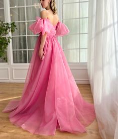 Azalea Organza Gown Pink Floor-length Maxi Dress For Prom, Pre-draped Organza Evening Gown, Pink Organza Ball Gown Evening Dress, Pink Floor-length Bridesmaid Dress With Sweep Train, Pink Organza Evening Dress With Fitted Bodice, Feminine Organza Evening Dress With Fitted Bodice, Floor-length Organza Bridesmaid Evening Dress, Formal Pre-draped Pink Gown, Pink Organza Ball Gown