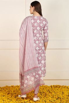 Grab this beautiful 3-piece set. The set comes with floral print straight shape kurta has round neck, 3/4th sleeves & calf length teamed with printed trouser pant with single pocket and a printed dupatta. Color - Pink Kurta Fabric-Cotton Pant Fabric-Cotton Dupatta Fabric - Cotton Neck-Round Neck Sleeves-3/4th Sleeves Work -Floral Print Detailing Washing Instructions-Dry Clean DISCLAIMER - The color of the product may be differ due to screen settings of device. A misprint here and a color drop slip there is the beauty of printing which is not treated as a defect. Spring Straight Kurta Salwar Kameez With Printed Border, Spring Salwar Kameez With Printed Border And Straight Kurta, Spring Festive Unstitched Cotton Suit, Spring Cotton Unstitched Suit With Straight Kurta, Spring Salwar Kameez With Printed Border, Cotton Unstitched Suit With Straight Kurta For Spring, Spring Festive Cotton Unstitched Suit, Spring Printed Straight Kurta Salwar Kameez, Spring Printed Salwar Kameez With Straight Kurta