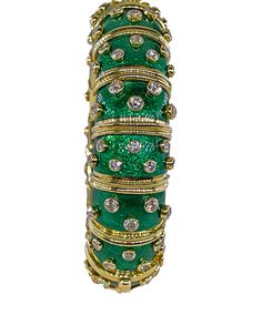 DIAMOND DOTS GREEN ENAMEL 18K GOLD BANGLE BRACELET, BY JEAN SCHLUMBERGER, TIFFANY & CO. PARIS"Jackie Bracelet" - A masterpiece of modern luxury, this Iconic Tiffany & Co. Schlumberger bracelet seamlessly blends classic elegance with contemporary flair. Designed as a green paillonné enamel hinged bangle bracelet, crafted with articulated links and sculpted gold vertical bands in solid yellow gold of 18 karats and embellished with applications of green hot enamel.Styled around, with 108 bezels (co Luxury Green Bangle, Green Luxury Bangle Jewelry, Luxury Green Bangle Bracelets, Green Bangle Bracelet For Formal Occasions, Green Bangle Bracelets For Formal Occasions, Formal Green Bangle Bracelets, Green Jubilee Gold Bracelet For Formal Occasions, Formal Green Gold Jubilee Bracelet, Formal Green Bracelets With 17 Jewels