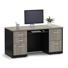 an office desk with a computer monitor and keyboard on the top, in front of a white background