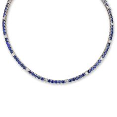 18kt White Gold Sapphire and Diamond Tennis Necklace: 19cts of round blue sapphire 3cts of round diamonds Length: 16" Luxury Blue Diamond Necklace For Anniversary, Blue Diamond Necklace For Formal Occasions, Blue Luxury Diamond Necklace For Anniversary, Luxury Blue Diamond Necklace For Formal Occasions, Luxury Sapphire Necklace With Brilliant Cut, Classic Blue Diamond Necklace With 17 Jewels, Blue Sapphire Jewelry With Single-cut Diamonds, Blue Sapphire Jewelry With Single Cut Diamonds, Luxury Sapphire Round Necklace