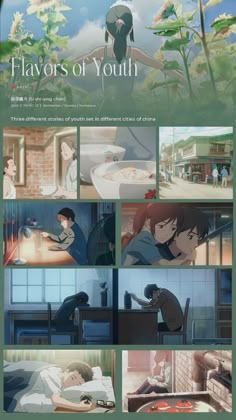 the poster for flavors of youth is shown in several different languages, including english and japanese