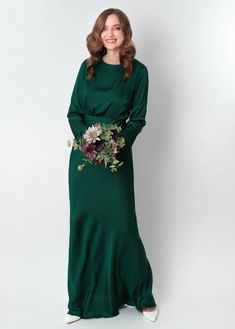 Dark Green Silk Long Dress Bridesmaid Dress Wedding Guest - Etsy Long Sleeve Evening Dress With Sweep Train For Bridesmaid, Long Sleeve Satin Gown With Sweep Train, Green Long Sleeve Satin Dress For Party, Green Silk Long Sleeve Midi Dress, Satin Long Sleeve Evening Dress For Wedding, Long Sleeve Satin Evening Dress For Wedding, Silk Satin Long Dress For Wedding, Satin Long Sleeve Maxi Dress For Evening, Long Sleeve Midi Dress For Prom