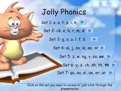 a cartoon cat sitting on top of an open book with the words jolly phonics