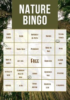 the nature bingo game is shown with trees in the background and text that reads free