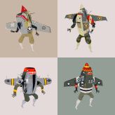 four different types of cartoon characters with hats and body armor, all in various poses