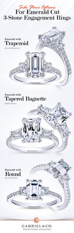 three different types of engagement rings with diamonds on each side and the words, from emerald to