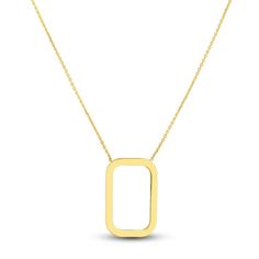 A distinctive flat open rectangle hangs elegantly in this refined women's pendant necklace. Fashioned in 14K yellow gold, the 18-inch cable chain secures in place with a lobster clasp. Modern Formal Necklace With Rectangular Pendant, Modern Necklaces With Rectangular Pendant And Cable Chain, Modern Necklace With Rectangular Box Chain, Modern Yellow Gold Rectangular Pendant Jewelry, Modern Rectangular Box Chain Necklaces, Modern Rectangular Necklaces For Formal Occasions, Modern Rectangular Paperclip Chain Necklace, Modern Rectangular Necklace, Modern Jewelry With Rectangular Paperclip Chain