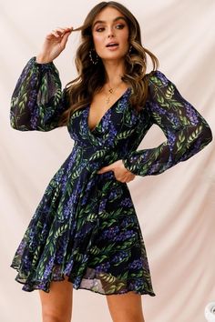 Shop the Wisteria Lane Long Sleeve Tea Dress Navy | Selfie Leslie