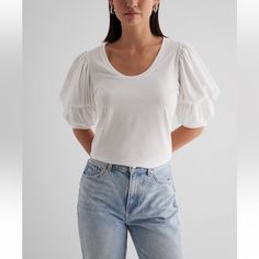 A Basic Skimming Tee Elevated To The Neck Level With Statement Puff Sleeves. Wear It To The Office Or To Grab A Drink; We Love A Versatile Top. Scoop Neck Short Puff Sleeves Straight Hem Cotton/Polyester Color: White Machine Wash A Drink, Love A, Puff Sleeves, The Office, Puff Sleeve, Scoop Neck, Color White, Womens Tops, Tops & Tees