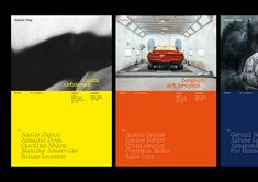 four different posters with black and white images, one showing an orange car in the background