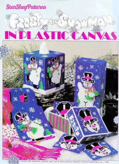 an advertisement for plastic canvass with snowmen and cats in the boxes on it