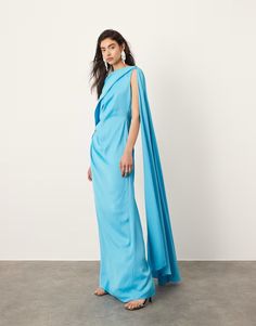 ASOS EDITION satin drape detail maxi dress with ruched waist in aqua blue | ASOS Spring Floral Dress, Winter Party Dress, Black Long Sleeve Dress, Long Black Dress, Jumpsuit Shorts Rompers, Satin Slip Dress, Maxi Dress Trend, Hoodies For Sale, Skirted Swimwear