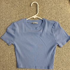 Blue Ribbed Cropped Baby T From Zara Never Worn! Brand New Condition! Size M! Casual Purple Ribbed Top, Fitted Blue Ribbed T-shirt, Blue Ribbed Crop Top With Crew Neck, Blue Ribbed Crew Neck Crop Top, Trendy Blue Ribbed T-shirt, Blue Ribbed Cotton Crop Top, Zara Ribbed Crew Neck Top, Basic Blue Ribbed T-shirt, Blue Fitted Ribbed T-shirt