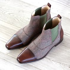 Year after year, Chelsea boots remain one of the most sought-after styles for men. Chelseas can be used in formal attire and casual wear alike, providing a sleek, polished look. This slip-on boot has been a classic for years. The Details: Materials: tweed sartorial + dark brown painted calf Lining: beige calf leather Sole: forrest green leather sole plain Last: Monti - Classic elegance with slightly square toe The Fine Print: Shoe production timeline/shipping Can vary from 30-40 days from the da Fitted Brown Chelsea Boots With Leather Sole, Fitted Brown Chelsea Boots For Business, Brown Chelsea Boots With Rubber Heel Cap For Business, Brown Cap Toe Chelsea Boots For Business, Winter Chelsea Boots With Leather Lining For Formal Occasions, Business Brown Cap Toe Chelsea Boots, Formal Winter Chelsea Boots With Leather Lining, Winter Formal Chelsea Boots With Leather Lining, Brown Chelsea Boots With Leather Sole And Cap Toe