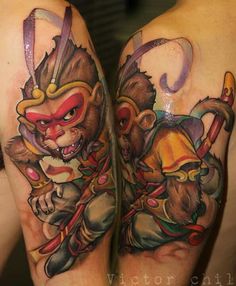 By Victor Chil New School Tattoo Victor Chill, Monkey Warrior, Unbelievable Tattoos, Tattoo Graffiti, Monkey Tattoos, King Tattoos, Fire Tattoo, Geniale Tattoos