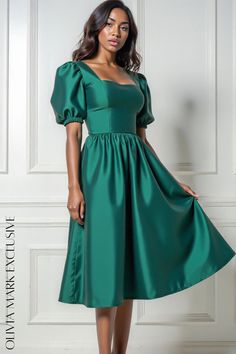 Olivia Mark - Elegant Emerald Green Satin Midi Dress with Puffed Sleeves Dress With Puffed Sleeves, Dad Sneakers, Satin Midi Dress, Puffed Sleeves Dress, Green Satin, Puffed Sleeves, Cinched Waist, Hunter Green, Full Skirt