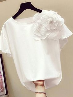 Floral Appliques Short Sleeves Tee For Summer Graphic Tees Women Tops White Casual  Short Sleeve Fabric Colorblock,Floral,Plants  Medium Stretch  Women Clothing, size features are:Bust: ,Length: ,Sleeve Length: Stylish Women Fashion, Applique Shirts, Summer Blouses, Work Shirt, Floral Print Shorts, Party Tops, Work Shirts, White Casual, Graphic Tees Women