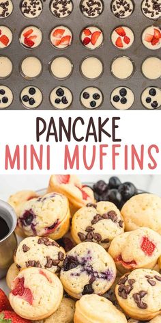 mini muffins with chocolate chips and strawberries in the middle