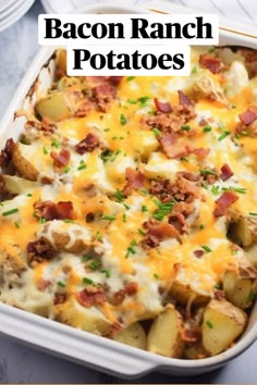 bacon ranch potatoes in a white casserole dish with the title text above it