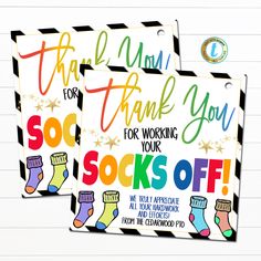 two thank you cards for socks off with the words thank you for working on them