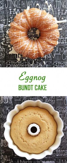 an eggnog bundt cake is shown in two different pictures, one with the eye on it