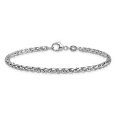 Rhodium over sterling silver polished wheat chain bracelet. Measures approximately 7 1/2"L x 1/8"W and comes with a fancy lobster claw clasp. Classic Wheat Chain Link Bracelet, Classic White Gold Chain Bracelet With Lobster Clasp, Classic Silver Cable Chain Bracelet, Classic Wheat Chain Link Bracelets, Classic Link Charm Bracelet With Lobster Clasp, Classic Chain Bracelet With Lobster Clasp, Classic Charm Bracelet With Sterling Silver Clasp For Everyday, Classic Charm Bracelet With Lobster Clasp, Everyday Classic Charm Bracelet With Sterling Silver Clasp