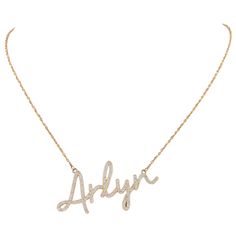 14K Solid Gold Diamond Personalized Name "Arlyn" Adjustable Rolo ChainMade from high-quality 14K gold, this necklace exudes luxury and sophistication. The delicate Rolo chain adds a touch of finesse to the design, creating a piece that effortlessly enhances any outfit, whether it's for everyday wear or special occasions.Weight: 5.8 gMaterial: 14K Yellow GoldLength: 16"-17" Adjustable- 20mm Long PendantWidth: 2" PendantDiamonds: 115 x 0.005Ctw=0.58CtwColor and Clarity: H/I1Total Carat Weight: 0.5 Elegant Personalized Yellow Gold Chain Necklace, Formal Elegant Name Necklace With Diamond Accents, Elegant Gold Name Necklace With Cable Chain, Elegant Yellow Gold Name Necklace With Diamond Accents, Elegant Diamond Name Necklace, Elegant Gold Diamond Name Necklace, Luxury Gold Name Necklace For Formal Occasions, Elegant Gold Name Necklace With Diamond Accents, Elegant Yellow Gold Name Necklace With Cable Chain