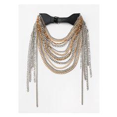 Multi-strand chain necklace with metal links. Leather strap closure with metal buckle.