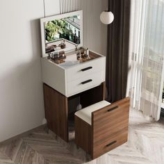 a white and brown dresser with a mirror on it's top shelf next to a window